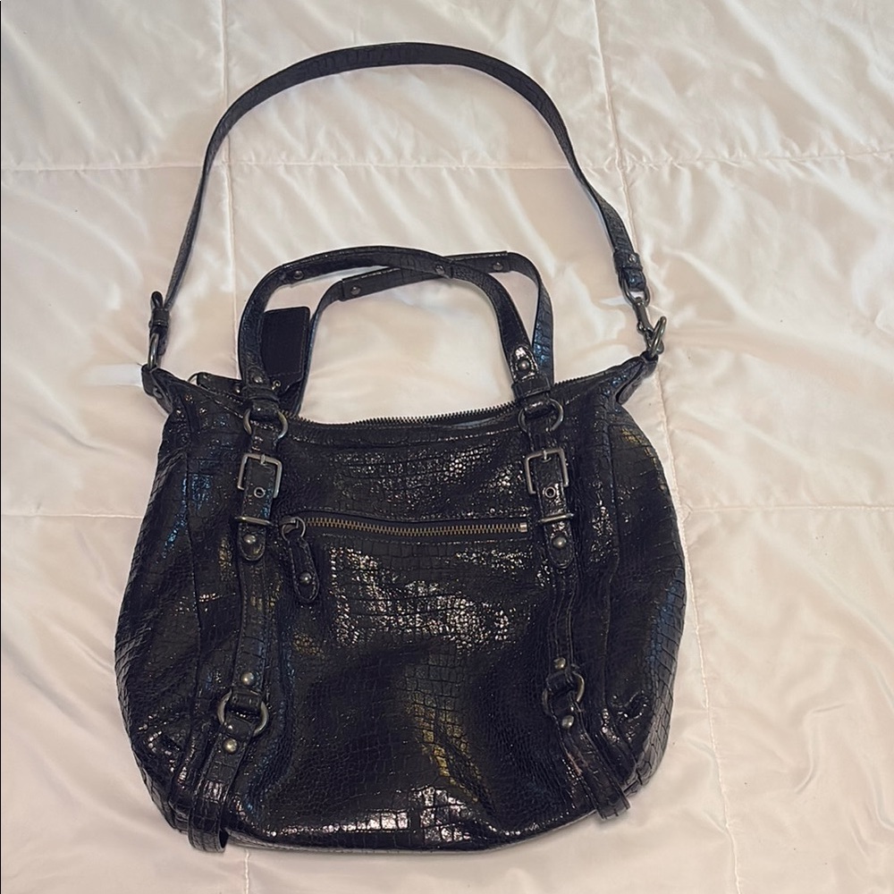 Coach Vintage Black Shoulder Bag with Silver Hardware and teal lining